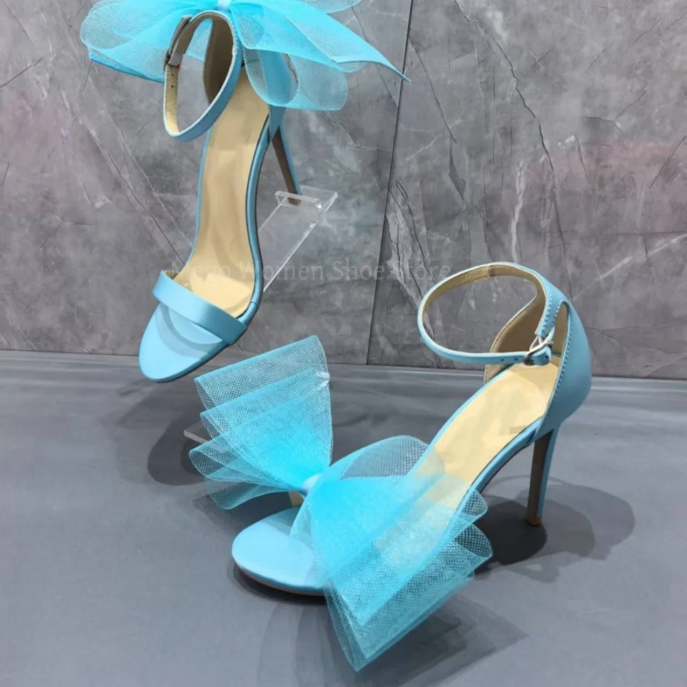 2025 Spring New Lace Bow Tie Stiletto High Heel Sandals for Women Blue Rose Red Colors Stiletto Heels Buckle Strap Shoes Size 43