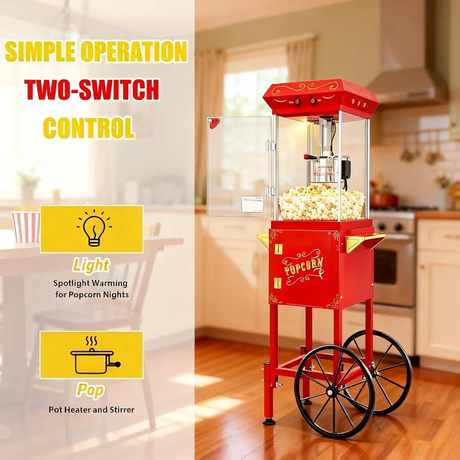 آلة صنع الفشار مع عجلات العربة 8 أوقية الفولاذ المقاوم للصدأ غلاية ماكينة صنع الفشار للمنزل مسرح نمط الحفلات عيد الميلاد سيلي #6