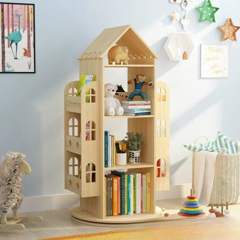 Creative solid wood rotating bookshelf household floor toy storage student small bookcase storage rack
