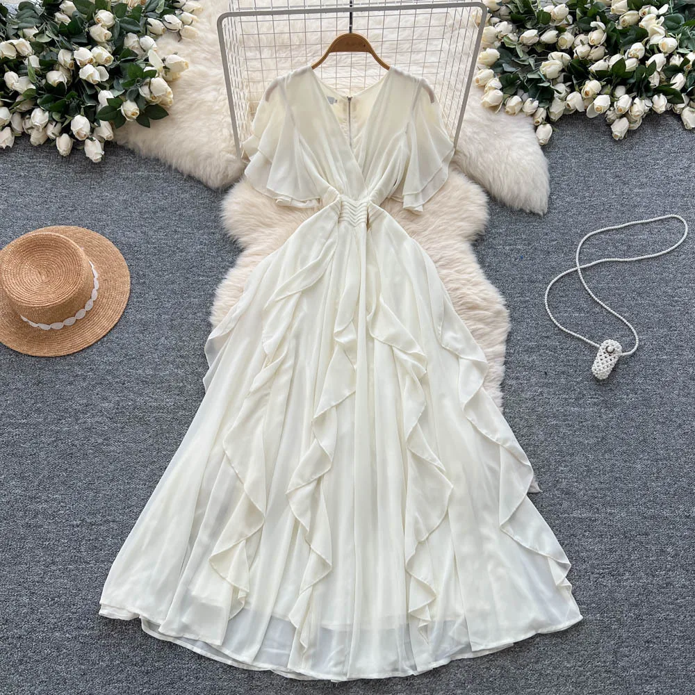 2025 French Design Heart Machine Cross V-neck Horn Sleeve Waist Thin Temperament Irregular Ruffle Edge Dress Women