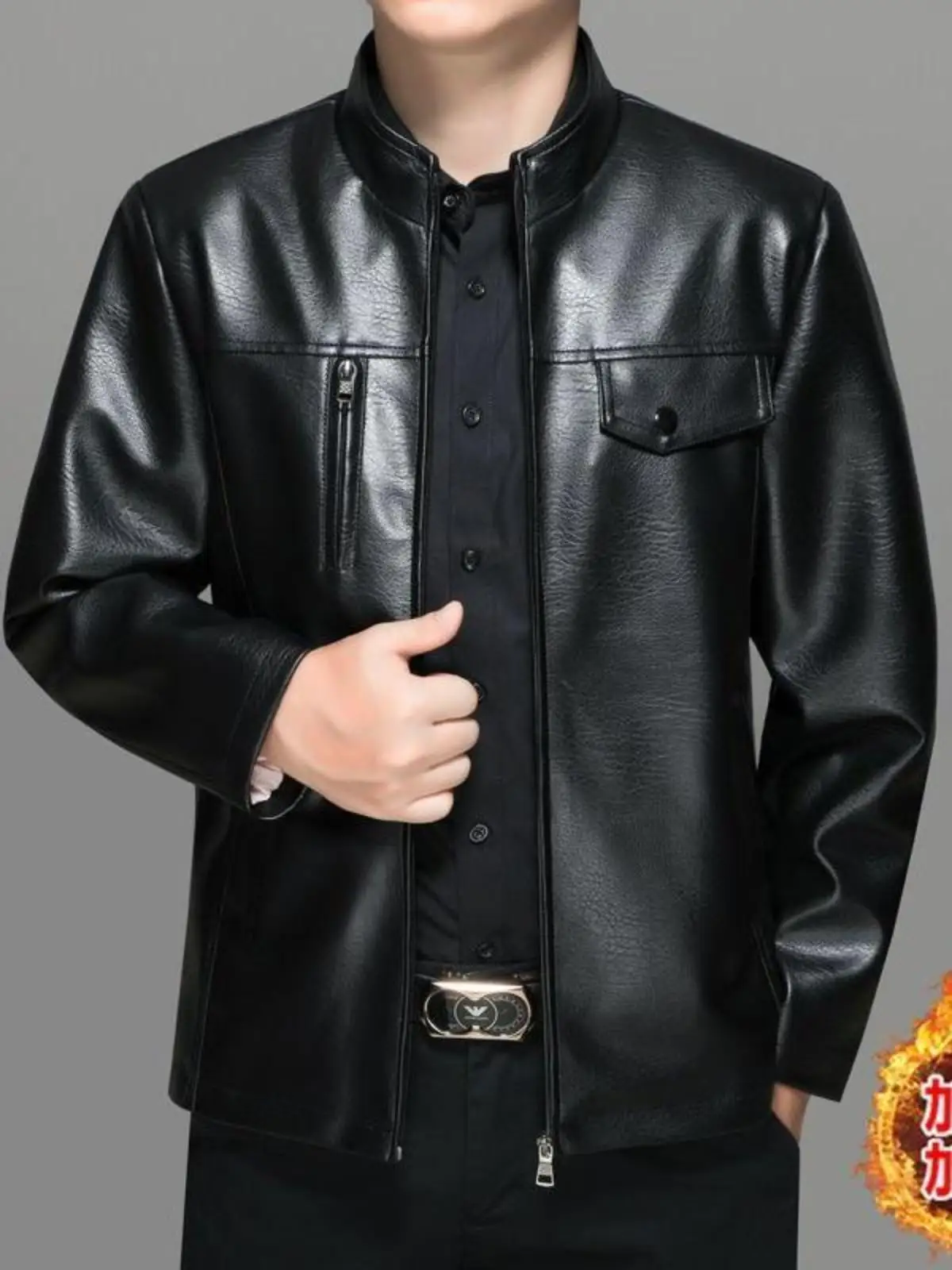 

Men's Leather Jaet Thiened Soft Leather Winter Coat Middle-Aged Busin Casual Sle Zipper Closure Regular Length