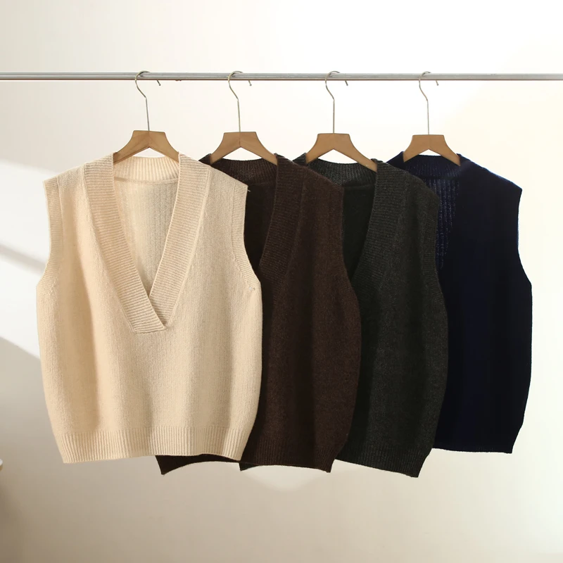 

Chic Autumn Winter Women’s Vests Pullover Deep V-neck Sleeveless Cashmere Sweater 100% Merino Wool Knitwear Waistcoat Basic Top