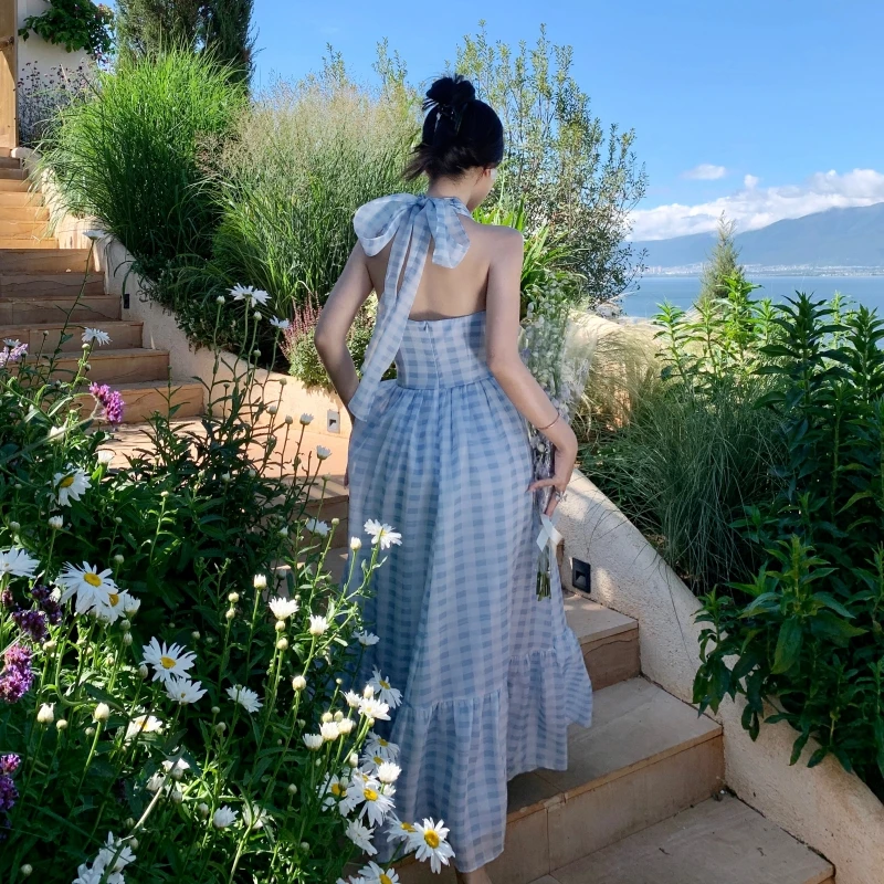 

Women Summer High Waist Sleeveless Halter Dress V-Neck Big Swing Chiffon Lattice Mounted Strap Elegant Vacation Long Dress