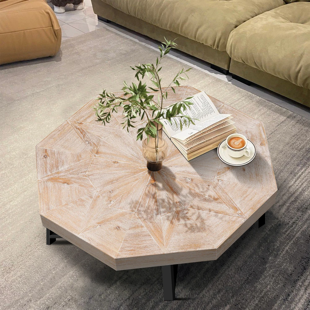 Wood Octagonal Vintage Patchwork Craft Farmhouse 30 Inch Wooden Table Top Cross Metal Legs Coffee Table Living Room Furniture