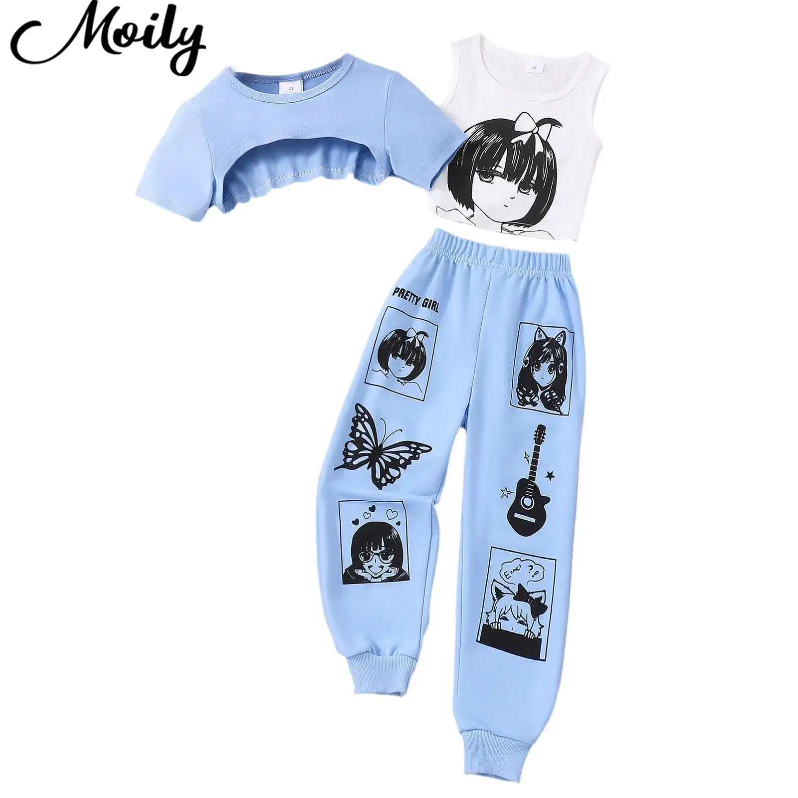 

Child Girl 3-piece Sports Suit Asymmetrical Hem Crop Top+Anime Printed Vest+Sweatpants Set for Hip Hop Street Dance Performance