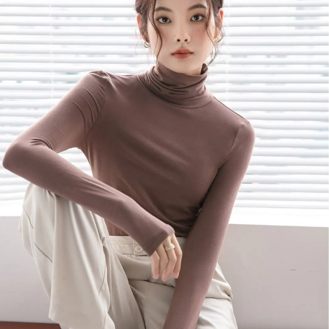 

High Count Modal Turtleneck T Shirts Women Long Sleeve Tee Shirts Lady Solid Soft Base Tops Autumn Winter Pullover T Shirt