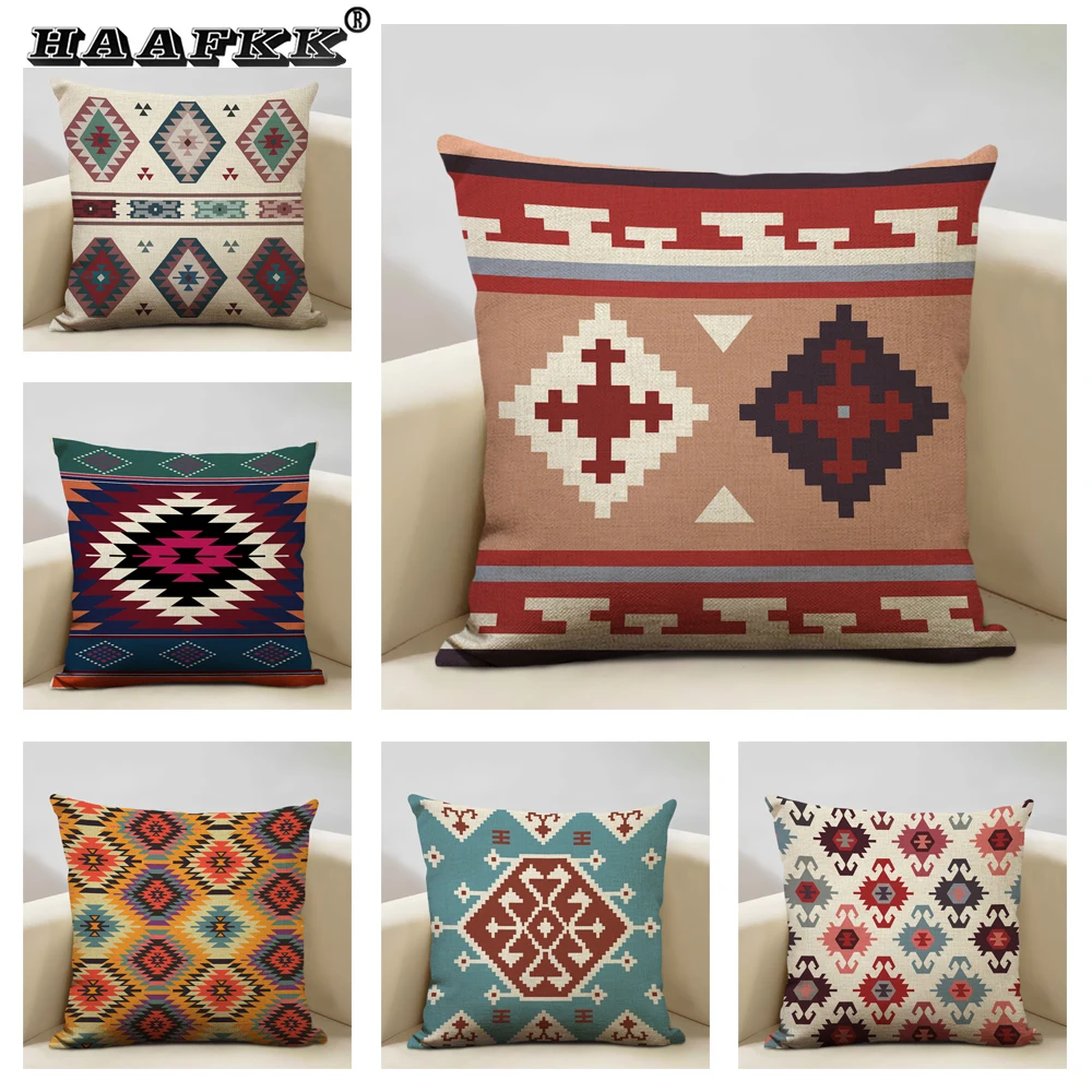 Blue-red Turkish Ethnic Style Stylish Diamond Cushion Cover 45x45cm Linen Home Sofa Decoration Pillow Case