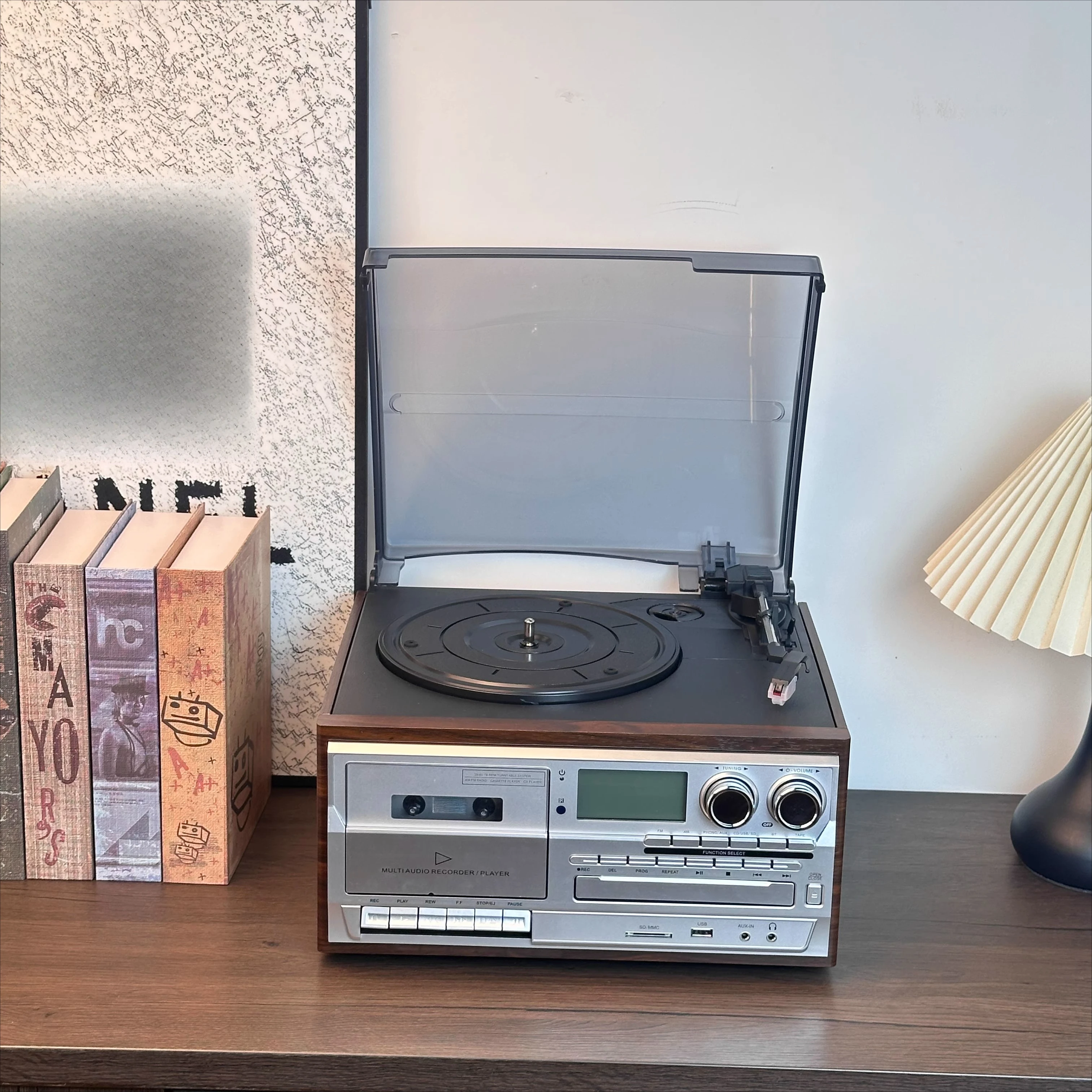 retro Vinyl Record Player Multi-Functional CD Tape Bluetooth Integrated