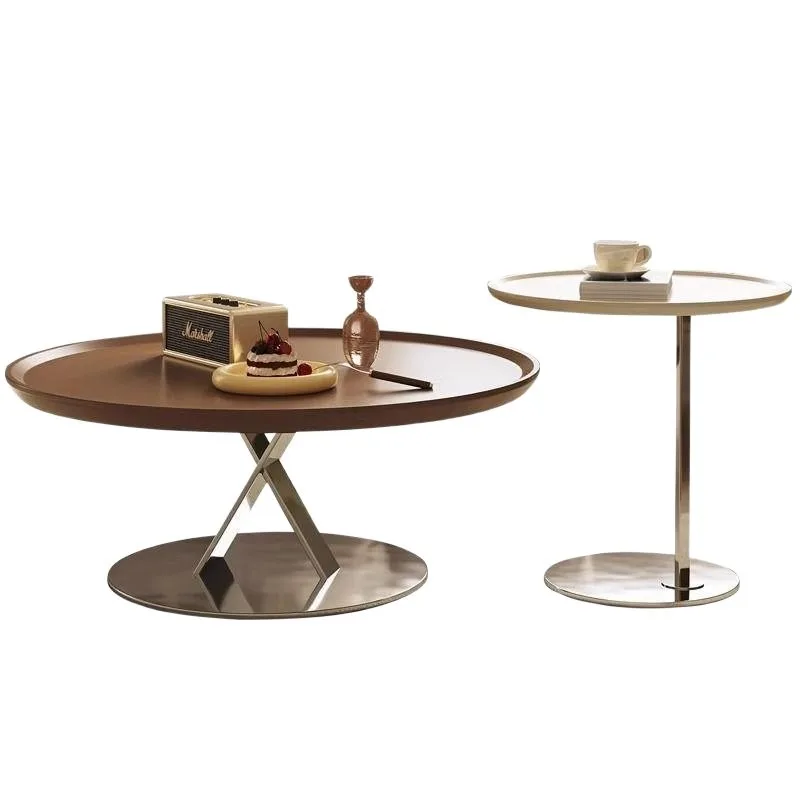 

Round light luxury coffee table, living room stainless steel edge table, household cream style minimalist creative tea table