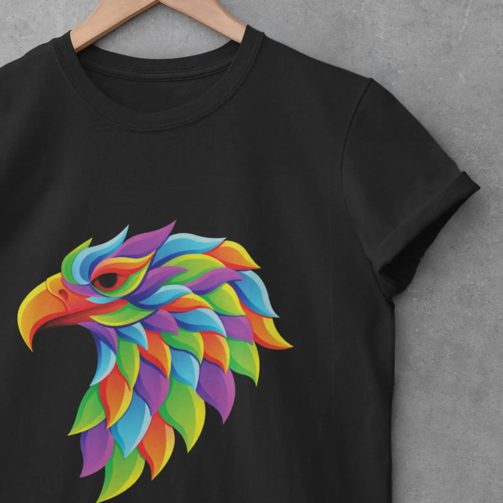 Multicoloured Eagle Head T Shirt Geometric Bird of Prey Design vintage Washed Breathable Stretched Soft graphic