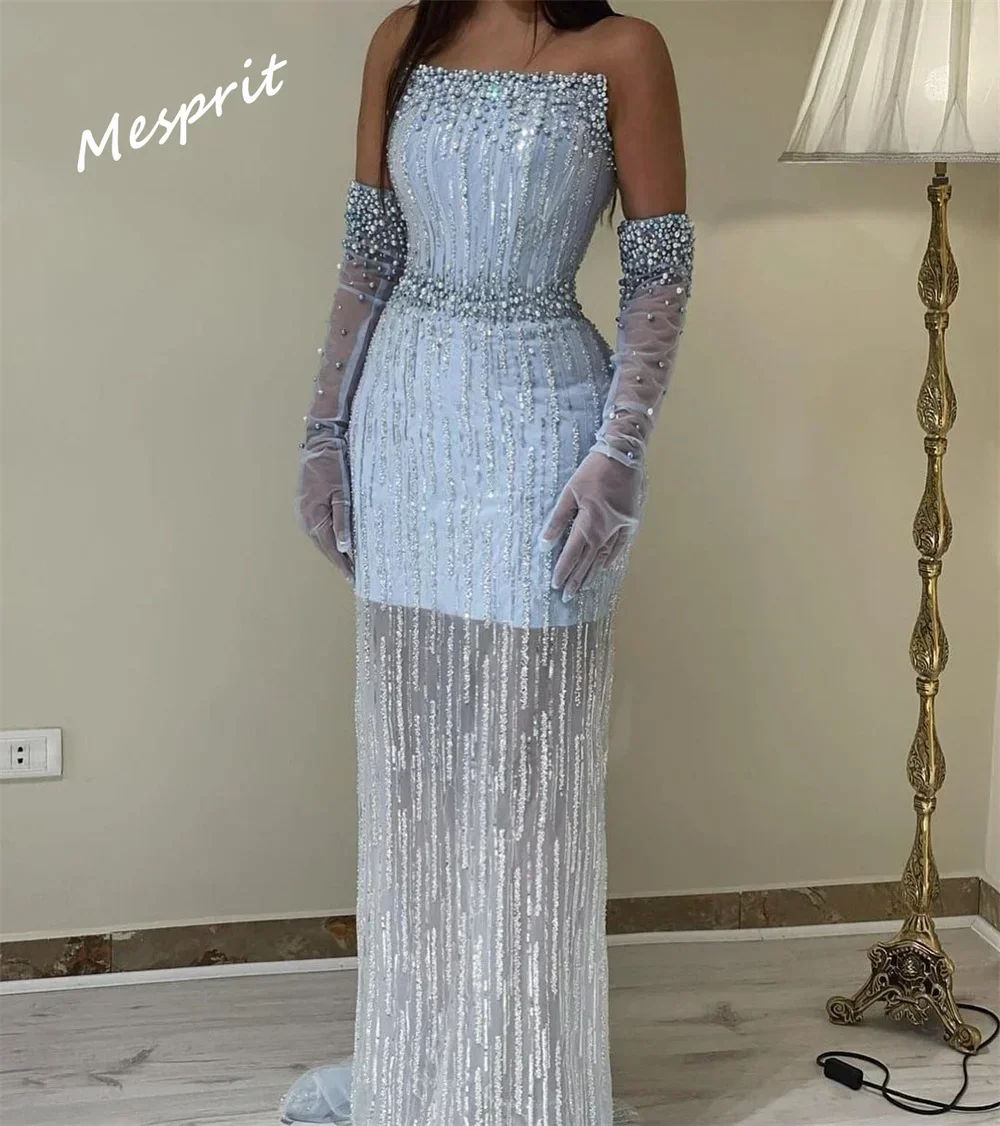 Customized Evening Dresses Light Blue Pearls Luxury Dubai Evening Dress Mermaid Elegant Strapless Arabic Women  Formal