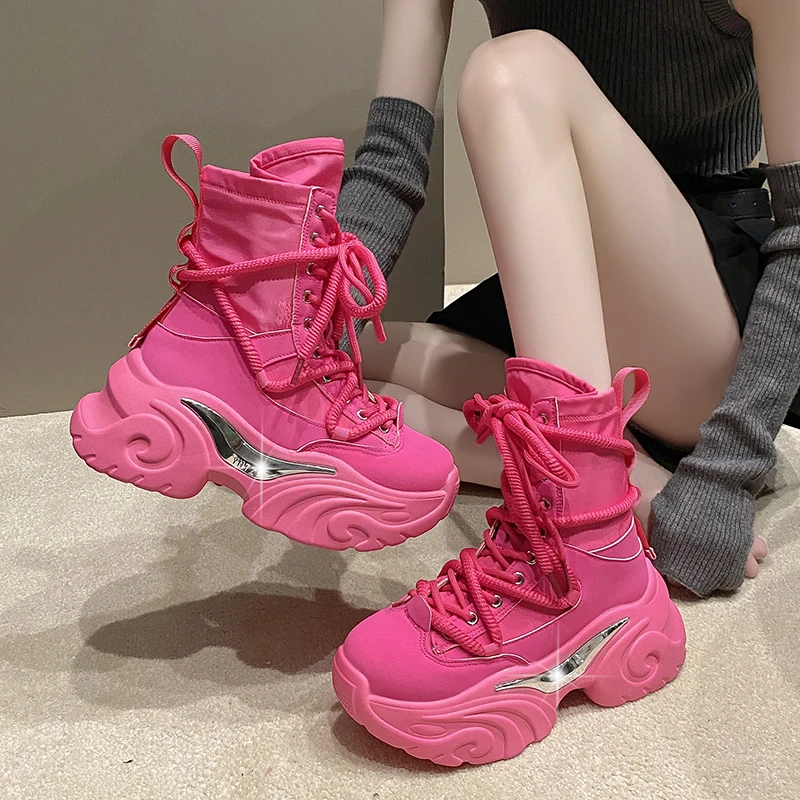 Women Ankle Boots Autumn Chunky Shoes Woman High Platform Breathable Sneakers 7.5CM Thick Sole Wedges Motorcycles Boots Winter