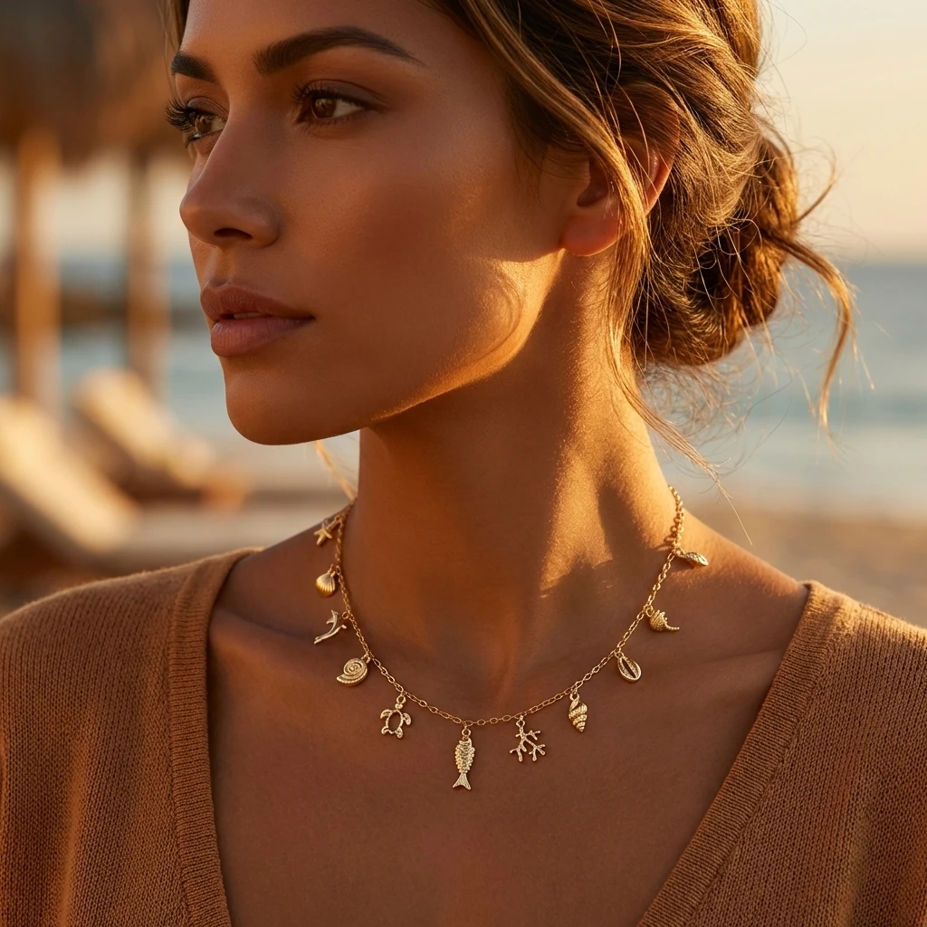 Boho Mehrfach-Anhänger Quasten-Halskette für Frauen Ozean-Serie Korallen-Seestern-Schildkröten-Muschel-Halskette Strand-Schmuck Urlaubsgeschenk – Detail 3
