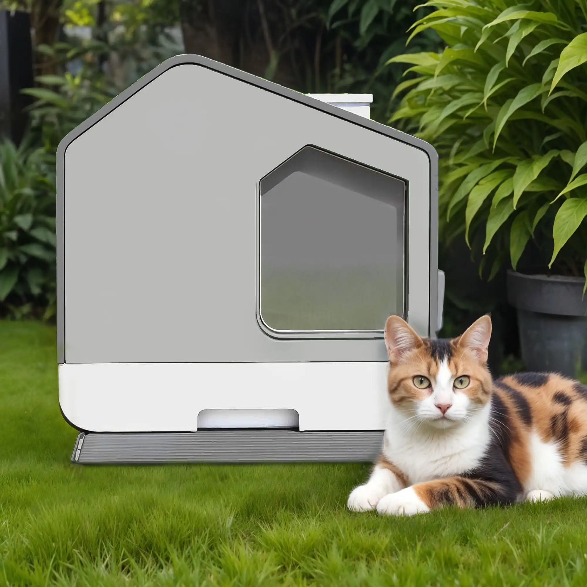 

Enclosed Cat Litter Box,with Odor-Free Enclosed Hooded Easy to Clean,with Mat and Scoop,Gray