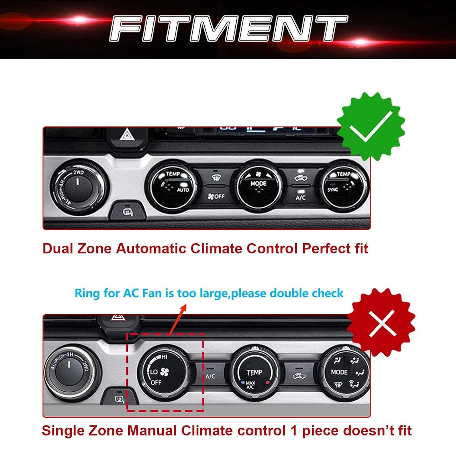4pcs Red Inner AC Climate Control & 2WD/4WD Switch Knob Ring Cover For Toyota Tacoma 2016 2017 2018 2019 2020 2021 2022 2023