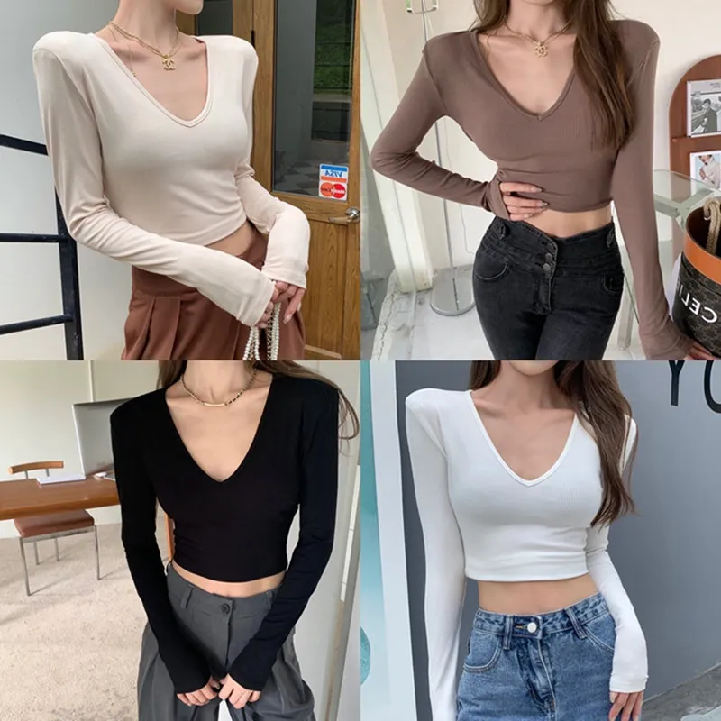 New Autumns V-neck Sexy T-shirt Women Slim Kpop Y2K Long Sleeve Crop Tops Woman Skinny Black Korean Fashion Japanese Clothes