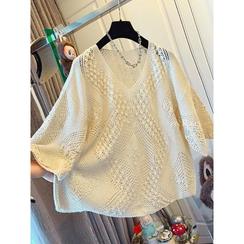 

Модный французский свободный полый вязаный крючком свитер, футболка с короткими рукавами, свободный топ, женский тонкий летний новый стиль