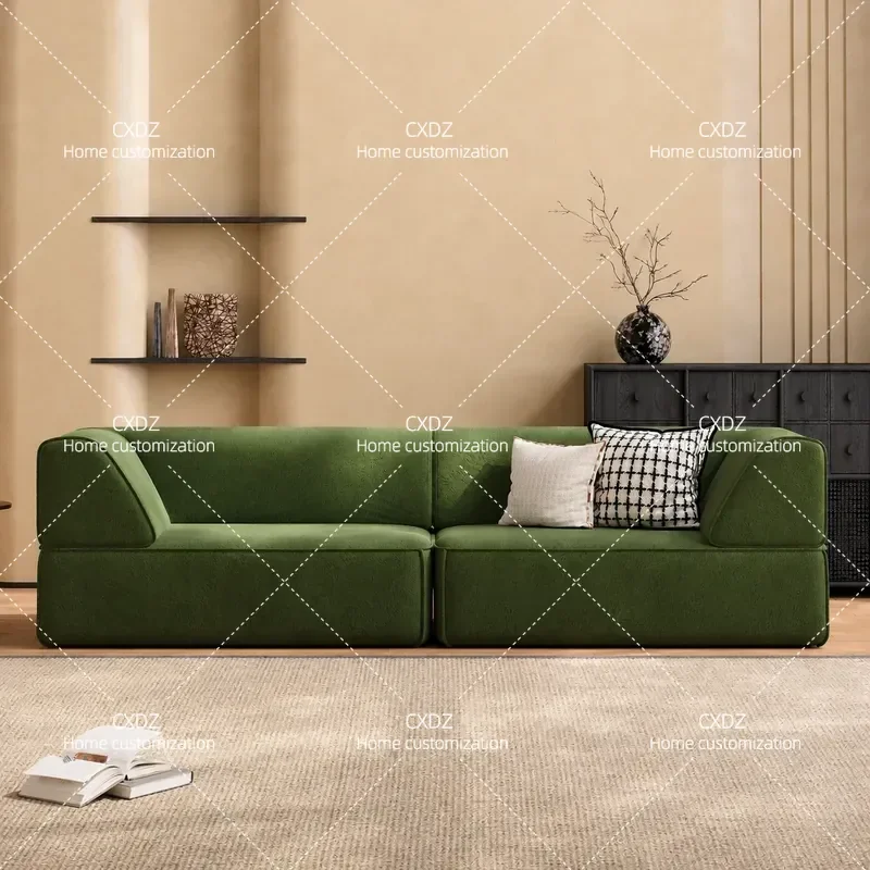 Retro Green Fabric Straight Row Sofa Tofu Block High End Living Room Home Apartment Clothing Store