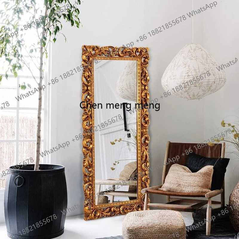 

European-style full-length mirror retro, carved full-length mirror, wall-mounted decorative floor mirror square