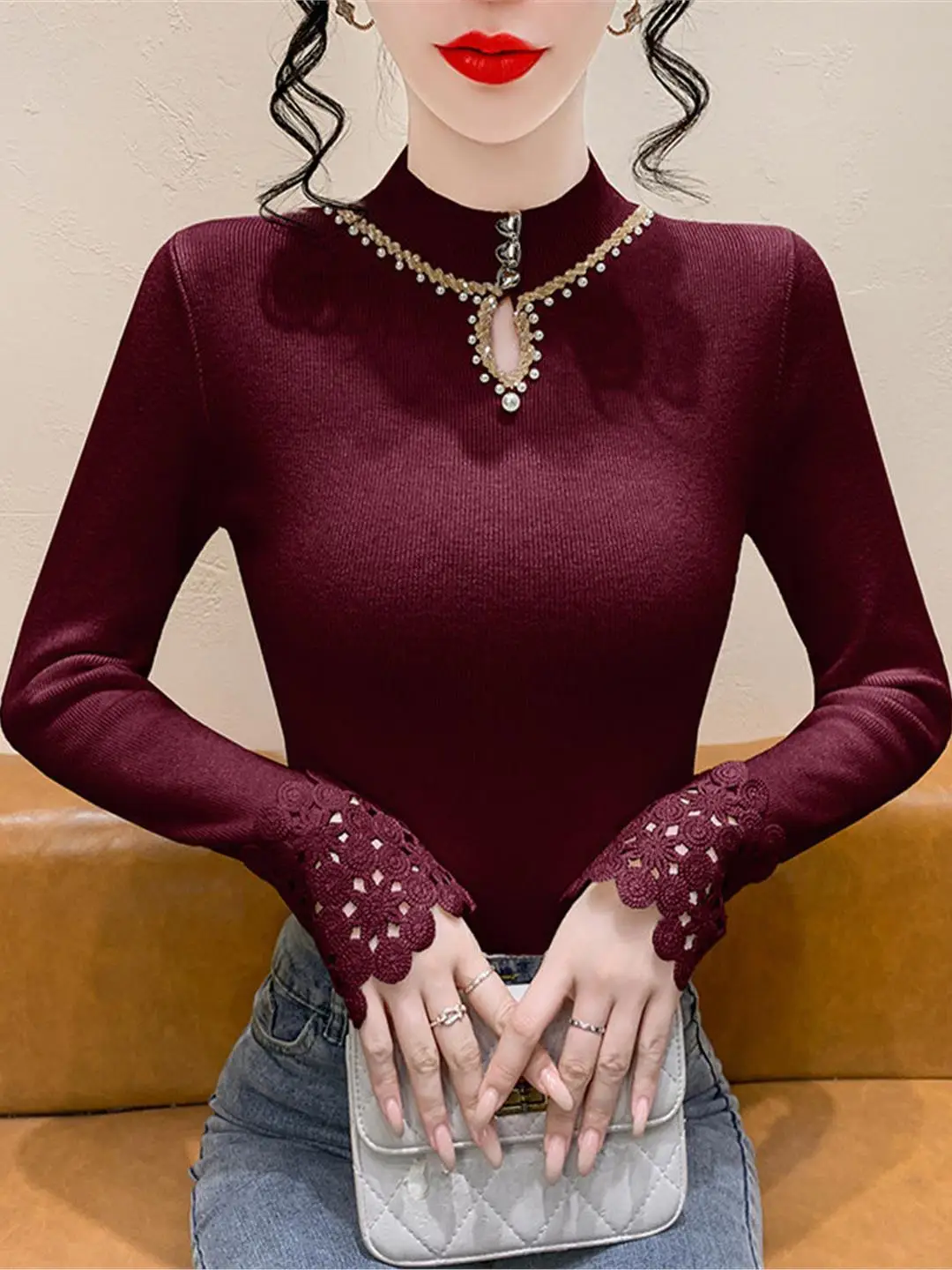 

Женская кружевная трикотажная основа irt, длинный топ из бисера, модный топ из мягкой ткани, зимняя новинка, Arr...