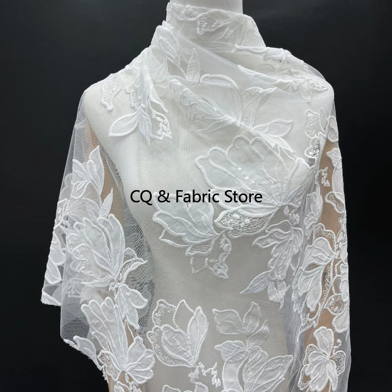 

Sequin flower Embroidered Lace Fabric, Design fabric, Hand Sewing, Wedding Dress, Fashion Show, 1 yard