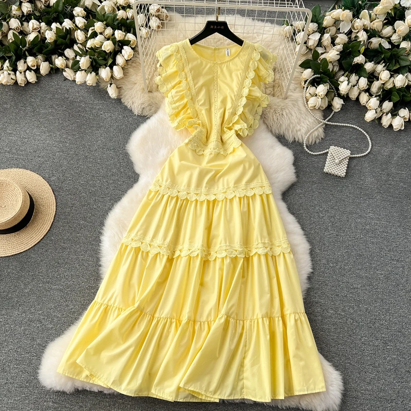 

French Women Elegant Dress 2024 New Embroidery Ruffle Edge Long Vacation First Love Dress