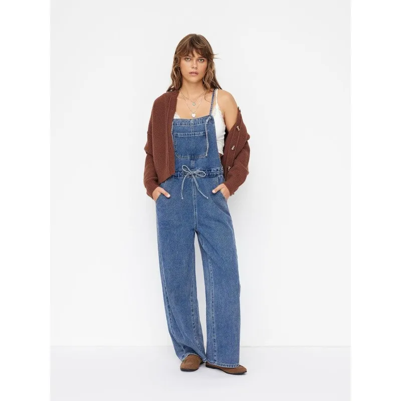 

Summer Women's Clothing Denim Jumpsuit With Adjustable Straps Wide Leg Pants For Women Polyester Denim Overalls Mid Waist
