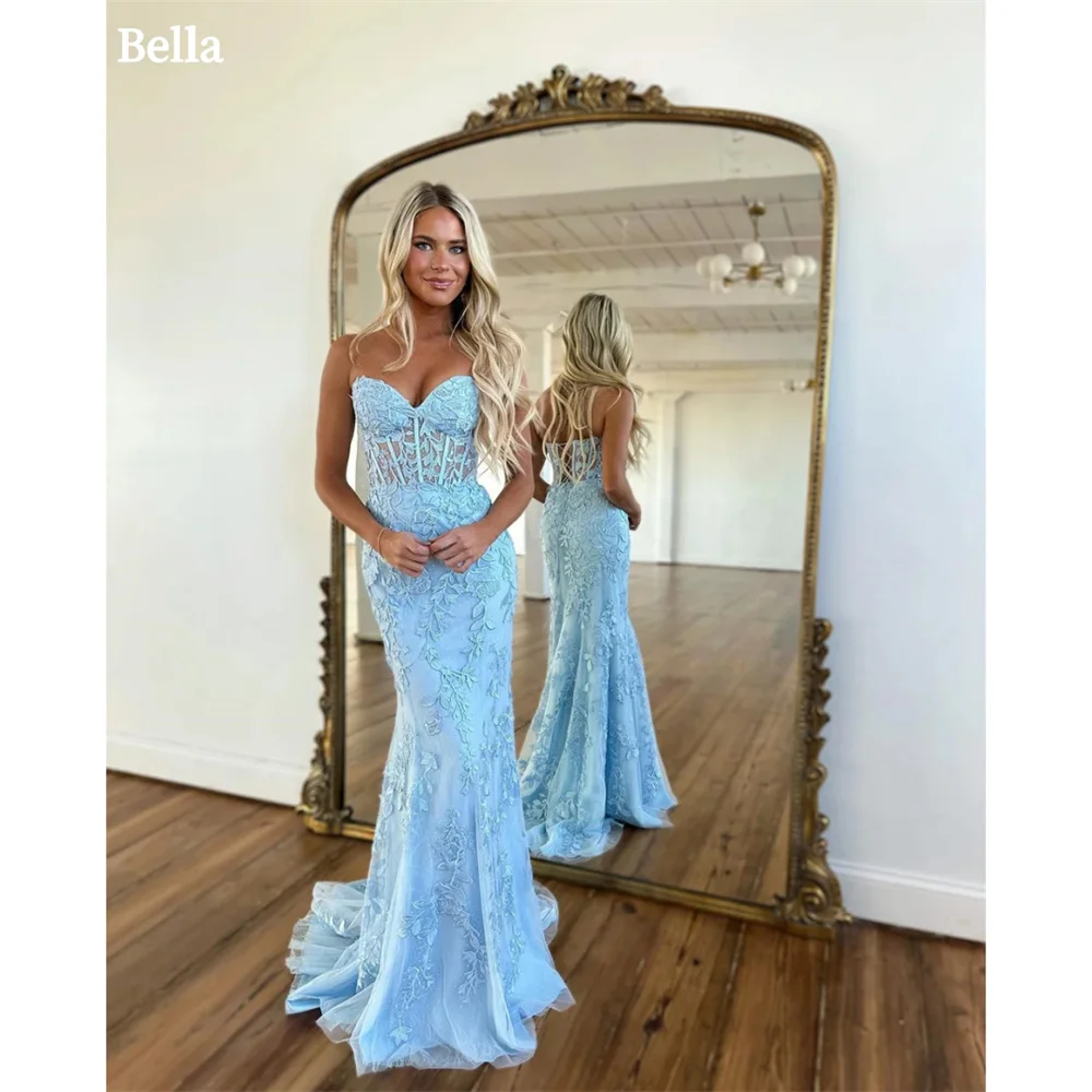 Bella Lace Embroidery Prom Dresses Spaghetti Strap Wedding Dress Elegant Sleeveless Mermaid Long Train Vestidos De Fiesta 2024