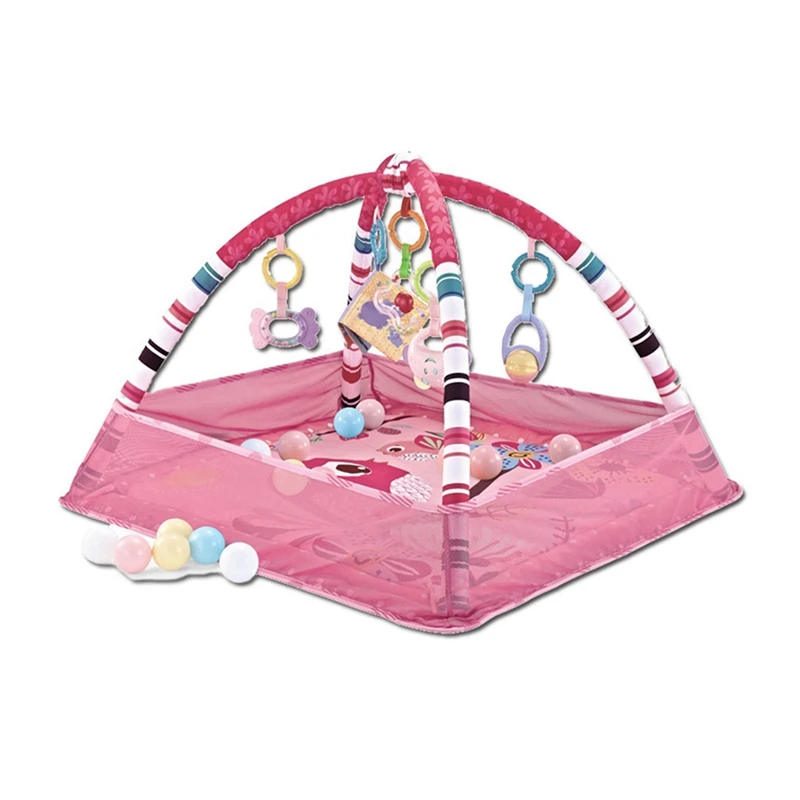 Pink Baby Playmat With Activity Gym & Ball Pit, Breathable Netting Canopy,Includes 18 Balls-Ideal For Babies 0-12 Months