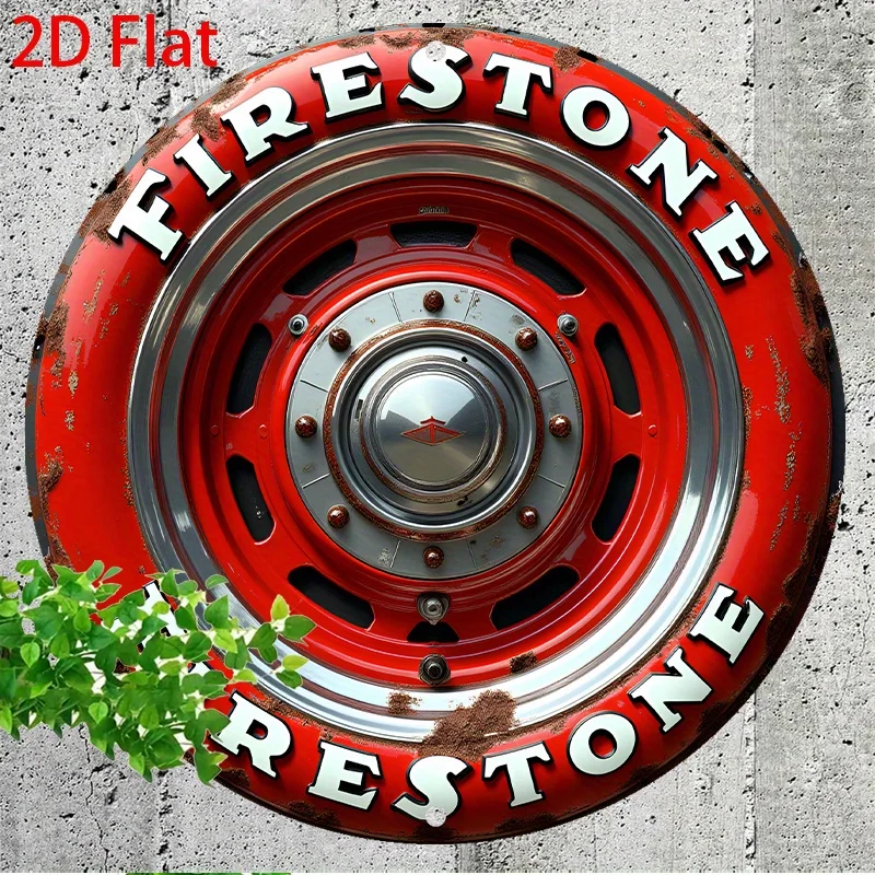 2D Flat, 1pc Retro Firestone Tire Design Aluminum Wall Sign - 8x8 Inch Vintage Metal Plaque with Imitation Relief Style, Rustic