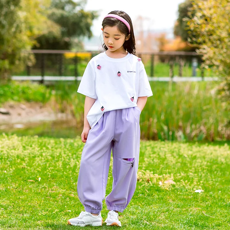 JUCPKID 2024 Korean Summer Junior Girl Tracksuit Children Girl Grape Short-Sleeved T-Shirt+Sport Pants Set For Girls 4-15Yrs