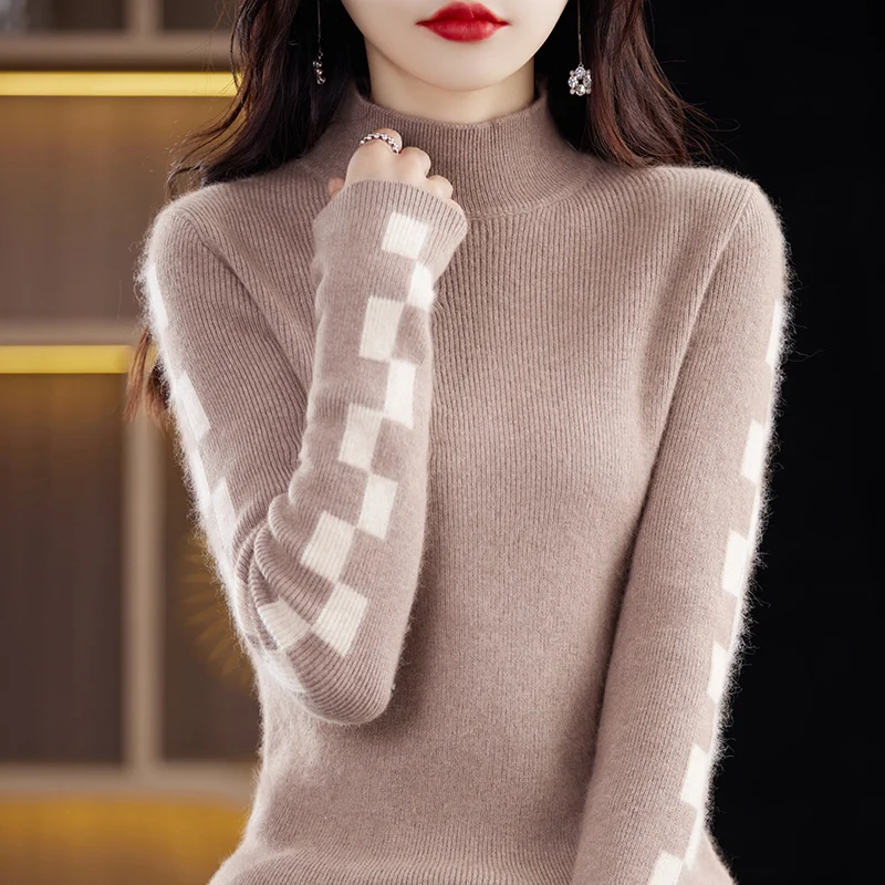 Fall/Winter  new women's color matching slim half-neck fashion sweater 100% mink velvet knit pullover top