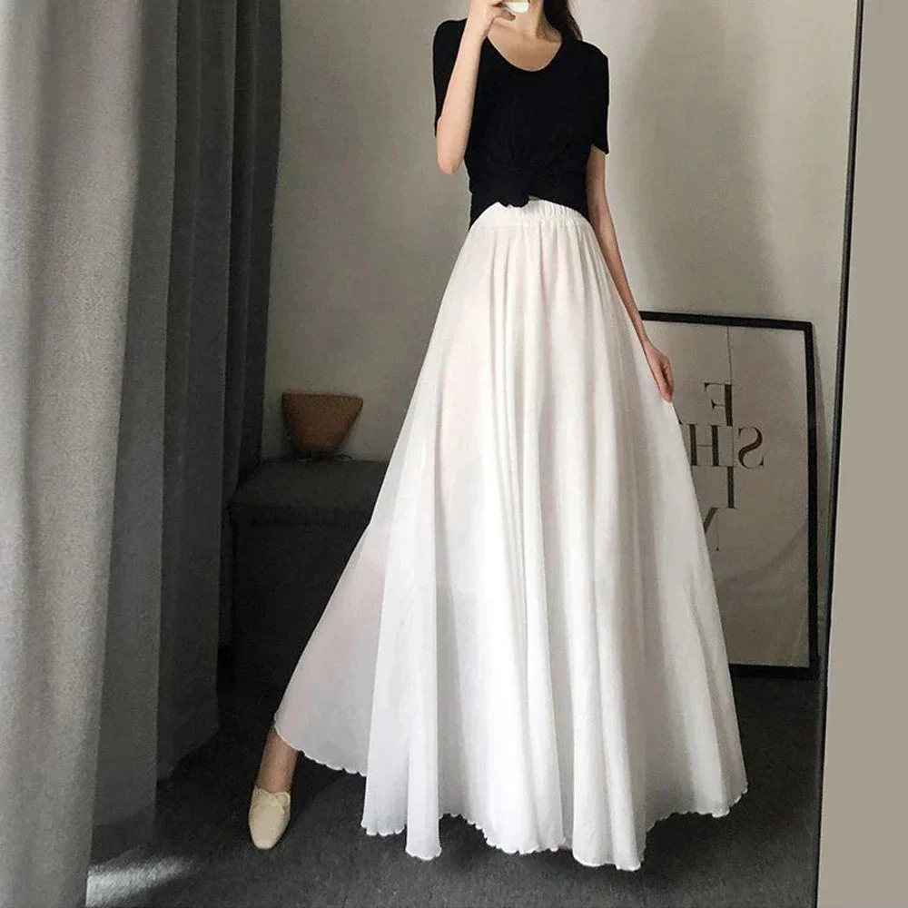 2025 Casual Cotton Linen Effect Pleated Midi Skirt Ladies Elastic Waist A-line Wave Sun Skirt Women Black White Solid Elegant