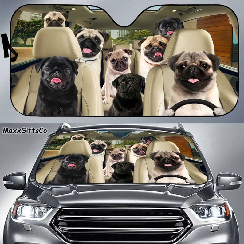 Pug Car Sun Shade, Pug Windshield, Dogs Family Sunshade, Dogs Car Accessories, Car Decoration, Pug Lovers Car Sun Shade, Gift Fo