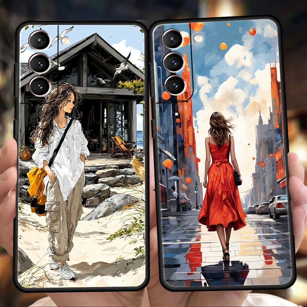 Phone Case for Samsung Galaxy S25 Edge S24 S23 S22 S20 S21 FE Ultra S10 S10E Plus Soft TPU Oil Painting Street Girl Art Niche
