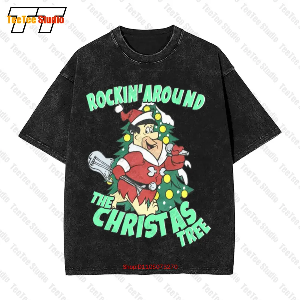 Hanna Barbera Fred Flintstone Rockin alrededor del árbol de Navidad Vintage camiseta de gran tamaño 97A5
