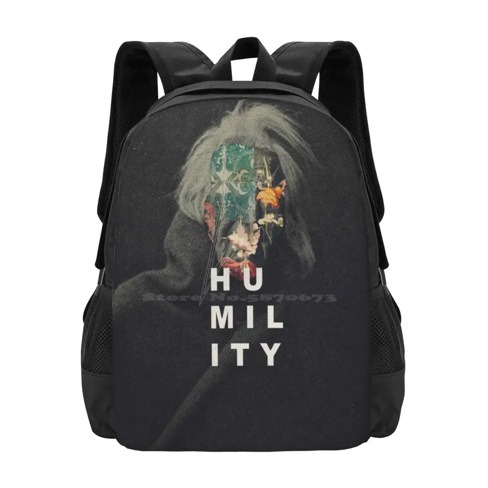 

Humility Hot Sale Backpack Fashion Bags Inspirational Humility Collage Portrait Vintage Typography Flowers Black White