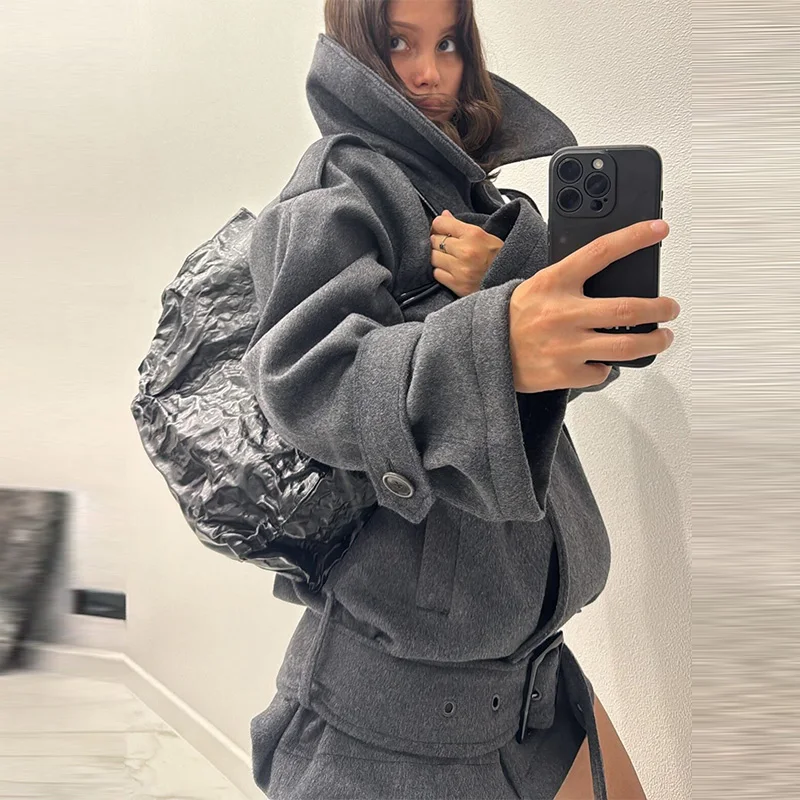 

Осенне-зимнее шерстяное пальто, женское двубортное пальто с воротником-стойкой и поясом, повседневная верхняя одежда, новинка 2025, уличные женские пальто