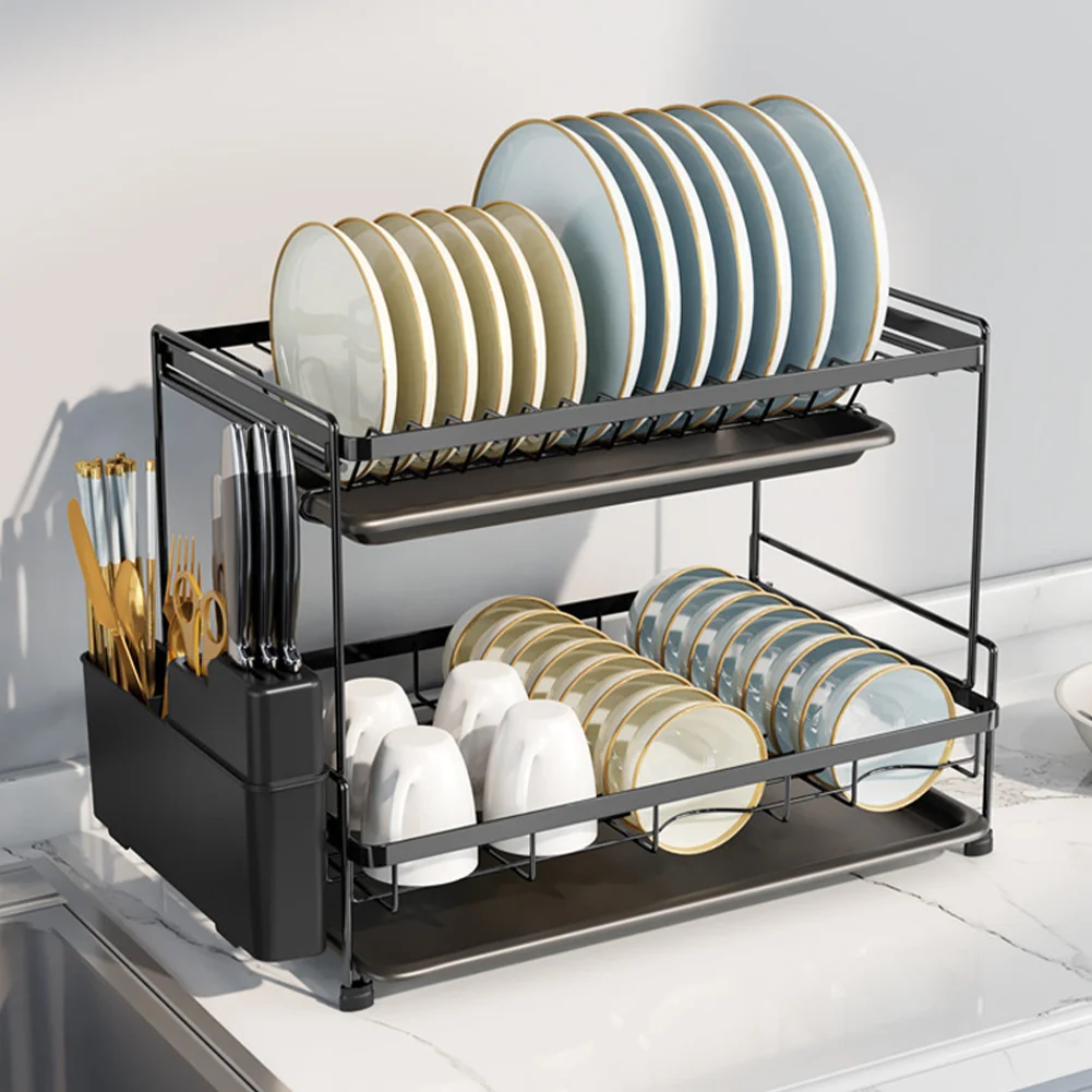 Black 2 Tier Dish Drying Rack with Drainboards