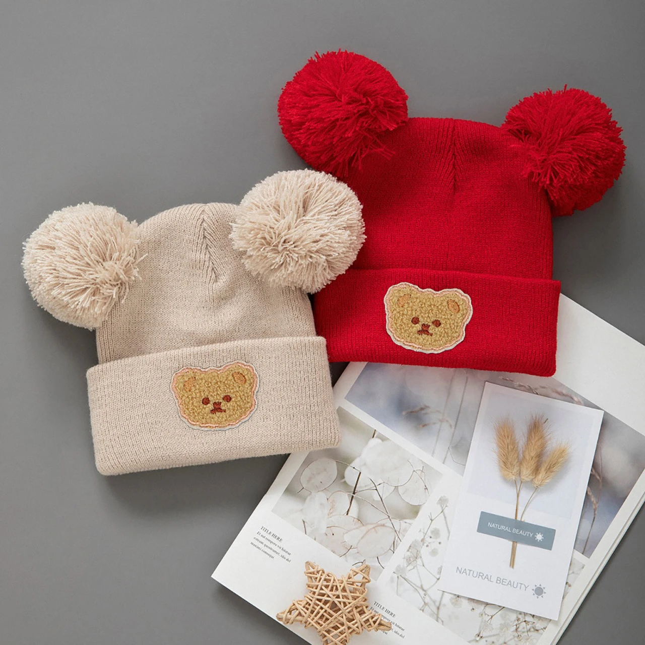 Double Pompom Beanies Winter Warm Toddler Woolen Crochet Bonnet Plush Ball Kids Knit Hat Cute Bear Baby Ear Protection Cap 0-2Y