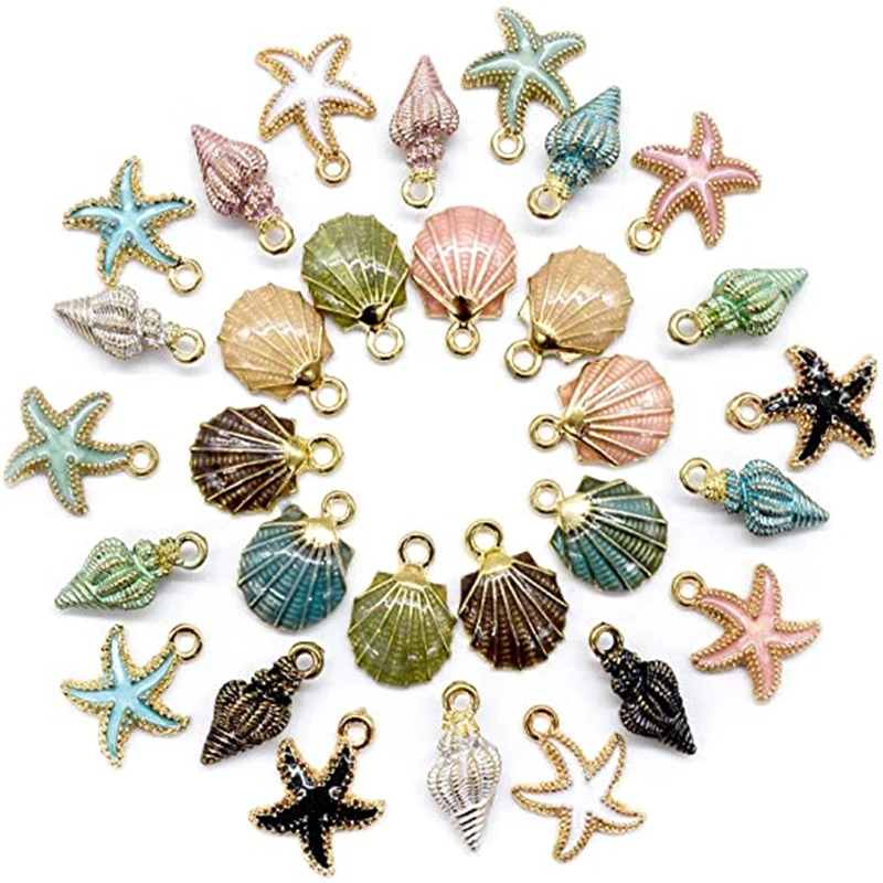 Sea Shell Starfish Encantos Pingentes, Artesanato DIY, Pulseira Tornozeleira, Jóias Fazendo Acessórios, Suprimentos Artesanais, 10Pcs