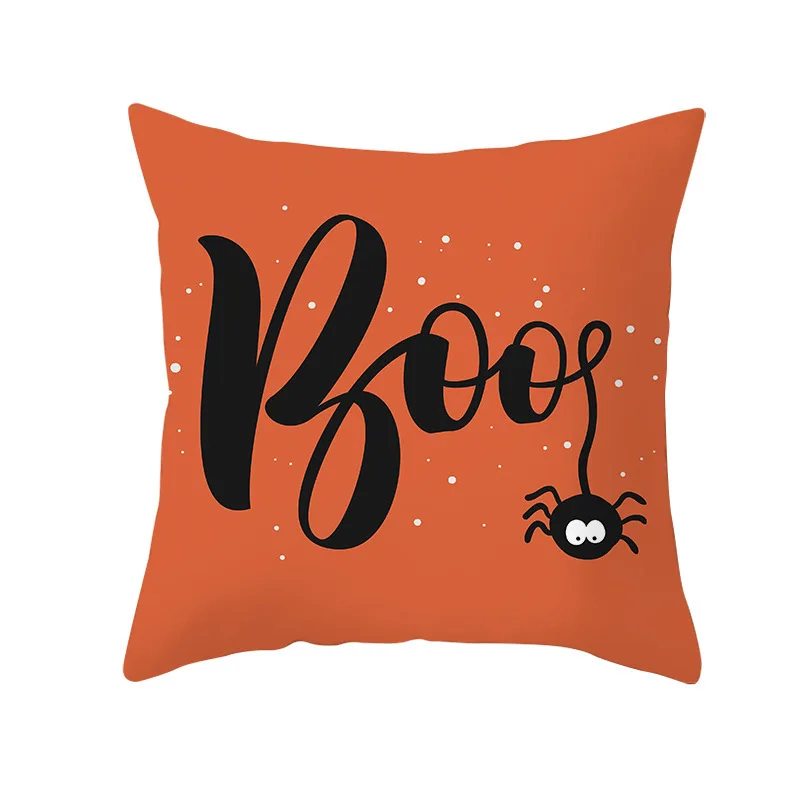 Boo Trick or Treat Halloween Decor Pillow Cover 18x18 Inches Cushion Cover Ghost Witch Cobweb Printed Orange Pillowcase Ornament