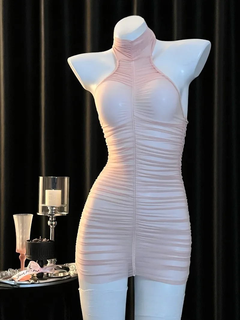 Süßer und reiner durchsichtiger Neckholder-Faltenrock, vollständig transparente Tüll-Dessous für Frauen, romantisches und verführerisches kurzes Kleid