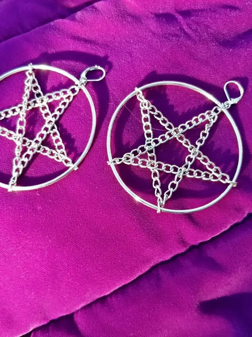 Chain Pentagram earrings, Gothic jewelry, Vintage, Circle, punk, hippie, Y2k, handcrafted, rock, ear hooks For Women Man，Gift view 5