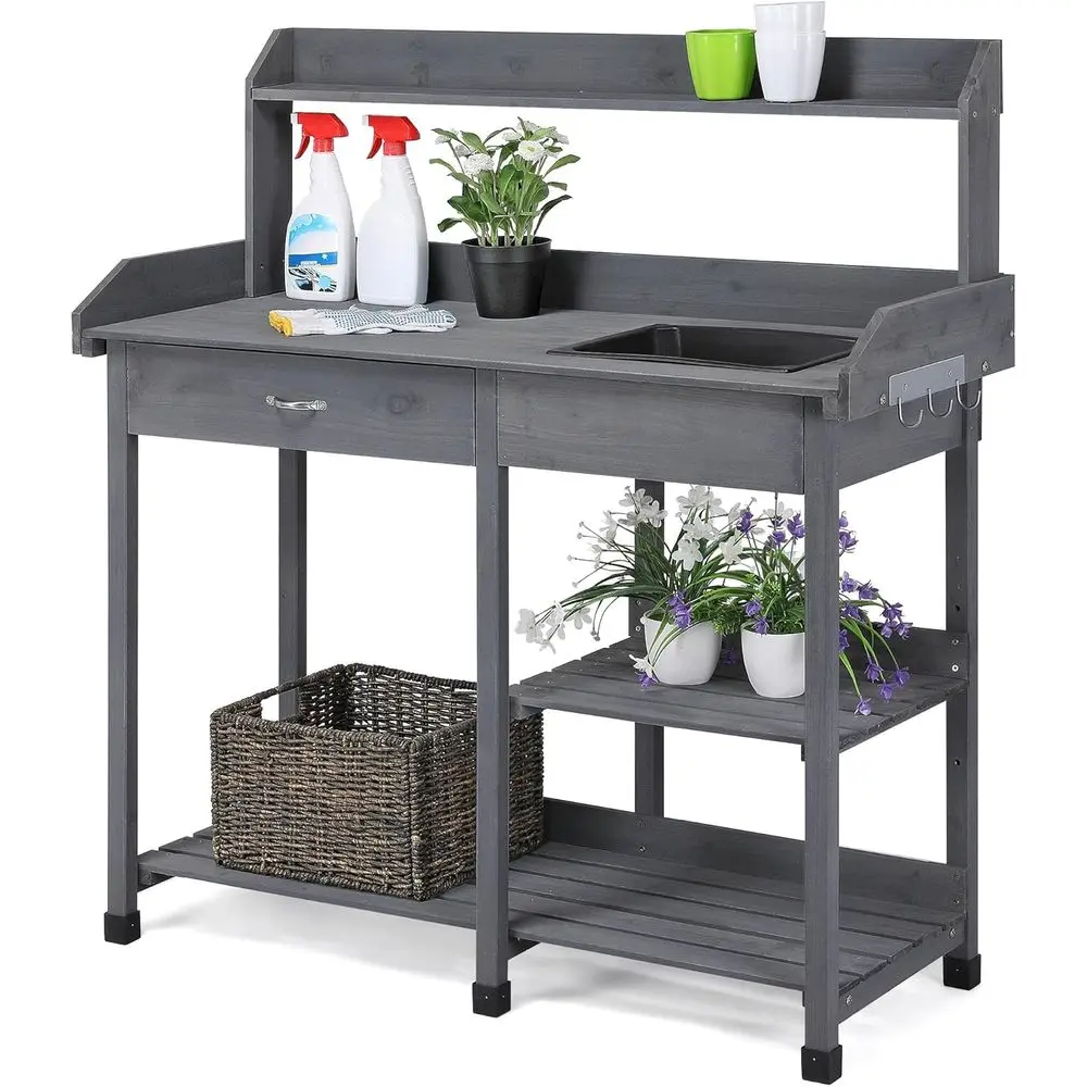 Mesa de Trabajo para Jardineros, Banco de Jardinería con Estante Ajustable, Fregadero Extraíble, Ganchos y Paleta