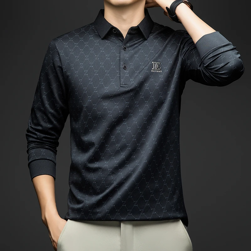 

BROWON 2025: весенне-осенние элегантные мужские рубашки поло с длинными рукавами и лацканами с цветным принтом, мягкие удобные мужские топы и футболки