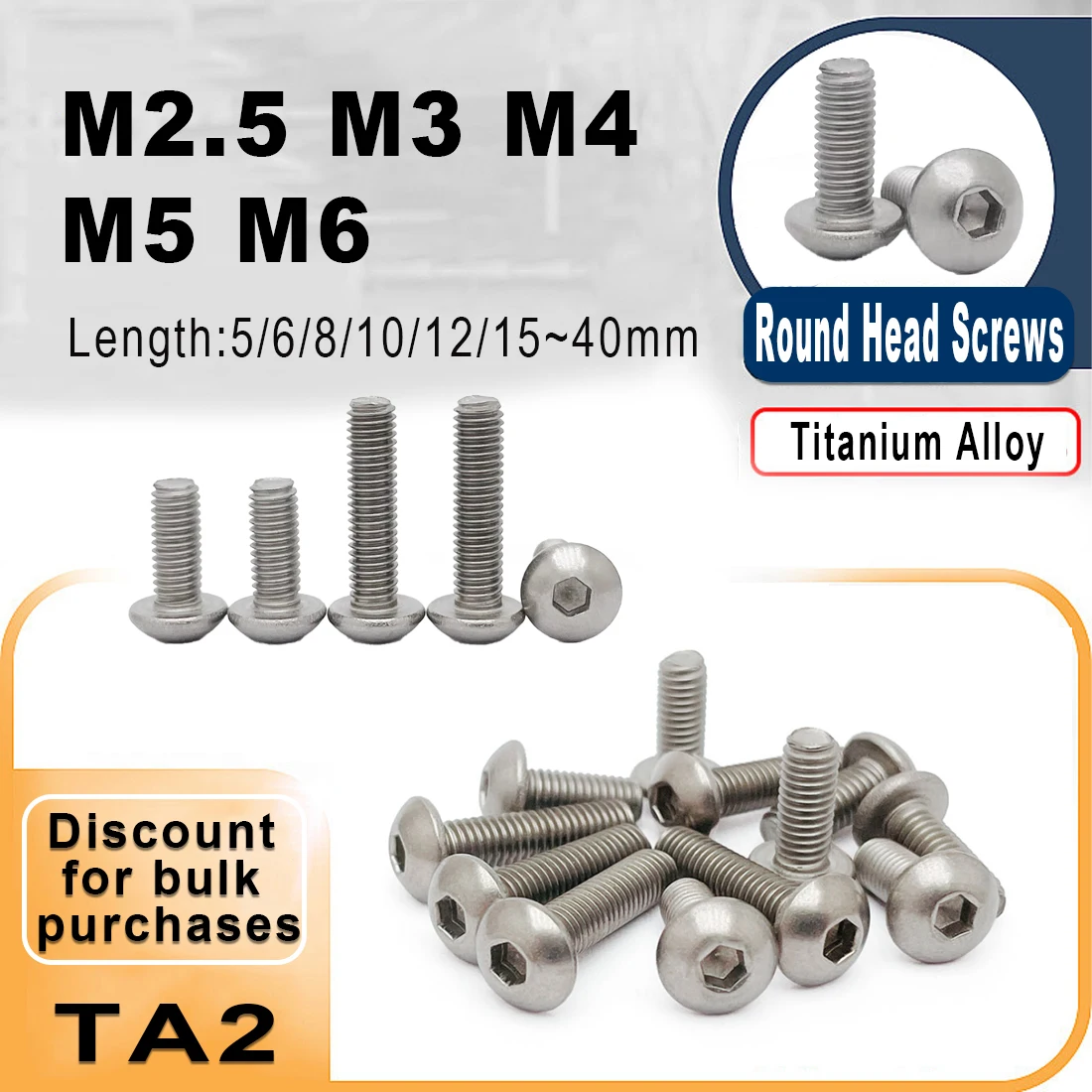 ISO 7380 M2.5 M3 M4 M5 M6 Titanium  Screw  Button Head Hex Driver Ti TA2 Plain Length:6mm~40mm