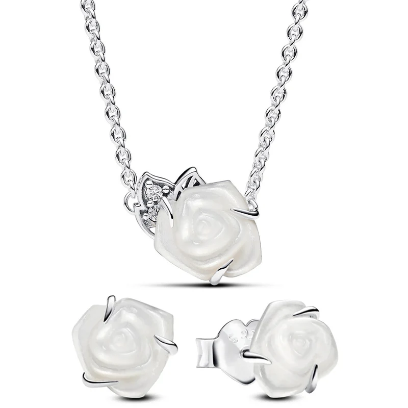 

Серьги и ожерелье из стерлингового серебра 925 пробы с белыми розами и кристаллами - женский ювелирный набор в подарок