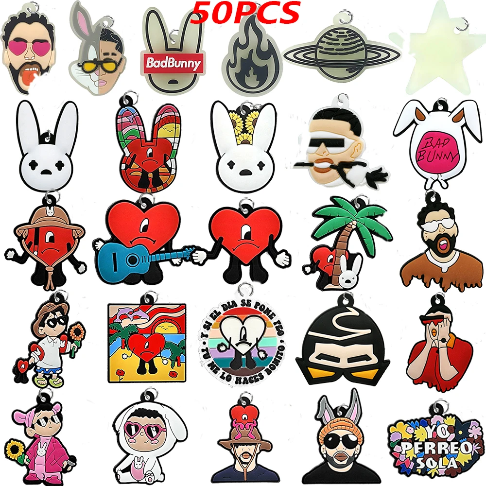 

50PCS Fashion Keychains Bad Bunny Red Heart Luminescent Keyring for Fans Souvenir Women Men Key Accessories Key Pendant Gifts