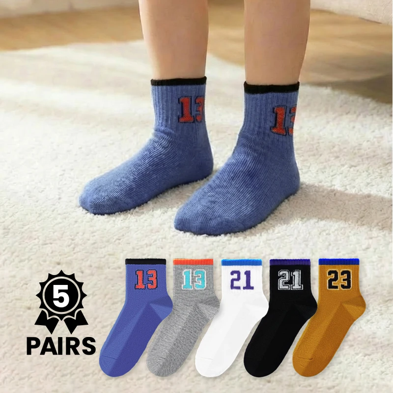 5er-Set Sportsocken mit Zahlenmuster, atmungsaktives und weiches Mesh, perfekt für Frühlings- und Sommerkleidung